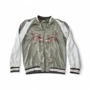 Zara Trafaluc Bomber Jacket Womens Green Satin w Embroidered Birds Dreamers Sz M